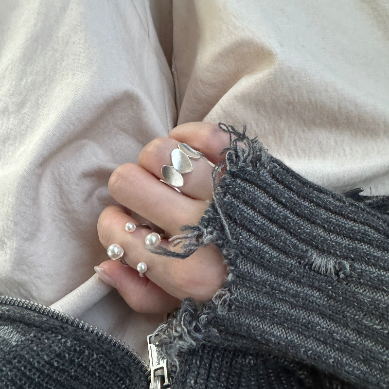 L'amour韩系s925银珍珠交叉四爪开口戒指ins轻奢小众设计感高级感