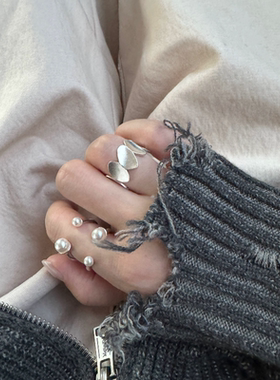 L'amour韩系s925银珍珠交叉四爪开口戒指ins轻奢小众设计感高级感
