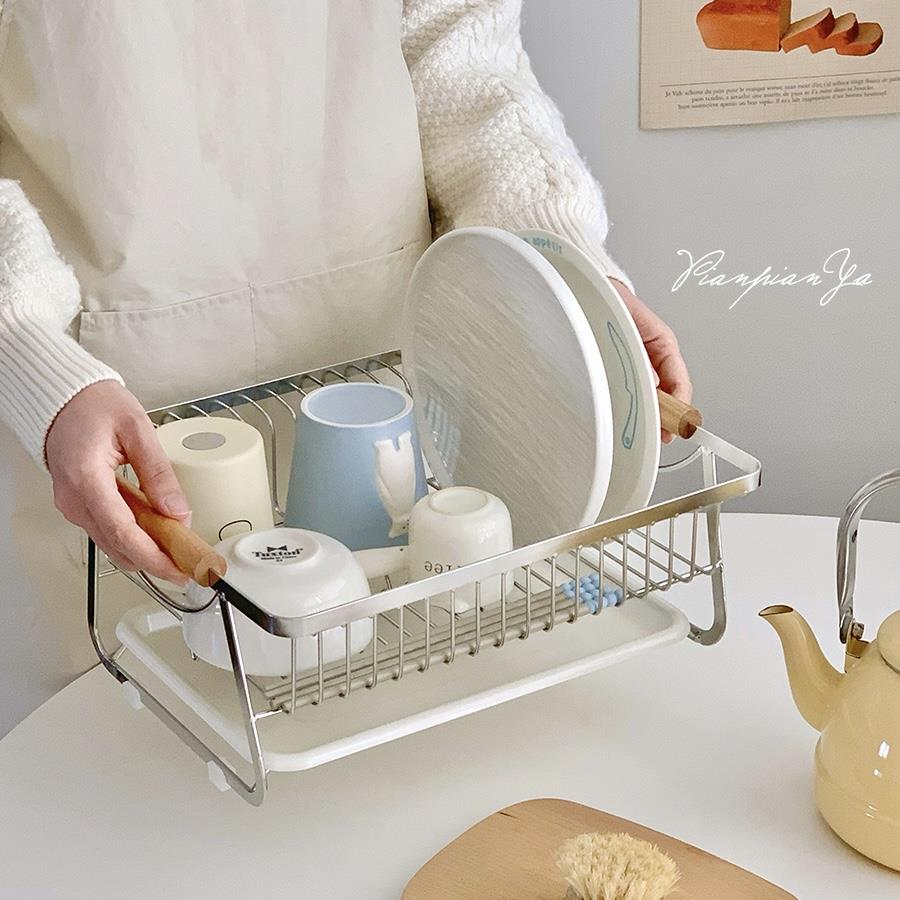 日式木柄碗碟架厨房不锈钢镂空沥水架碗盘餐具收纳架收纳篮置物架