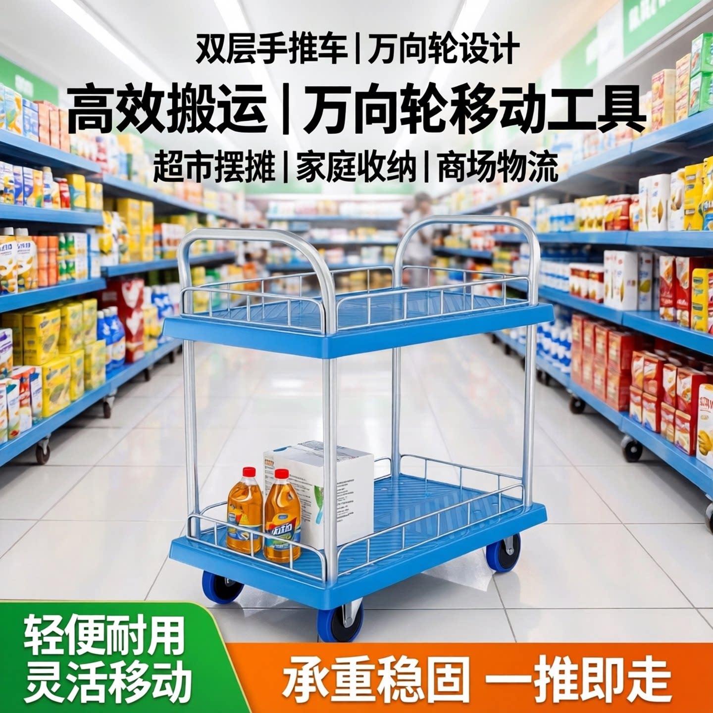 双层小推车拉货平板车手推车搬运车推车摆摊万向轮移动工具小拉车