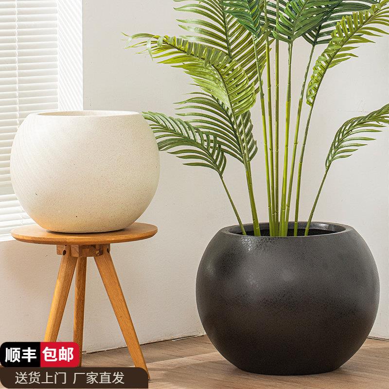 大口径镁泥落地大花盆极简圆球型软装大花器客厅民宿商场别墅摆