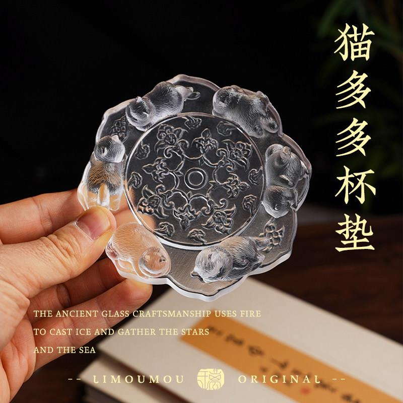 璃某某古法琉璃手工雕猫多多杯垫兔跃祥云琉璃杯垫茶托家用茶杯垫
