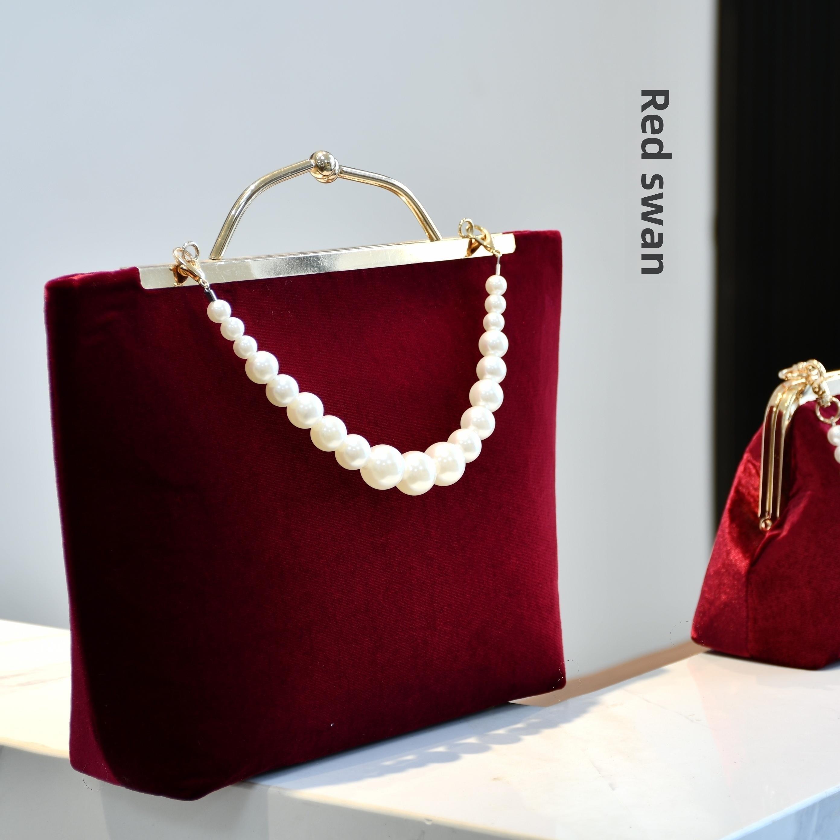 红天鹅珍珠红丝绒宴会包，晚装包，婚礼包，新娘包，金包，DIY材