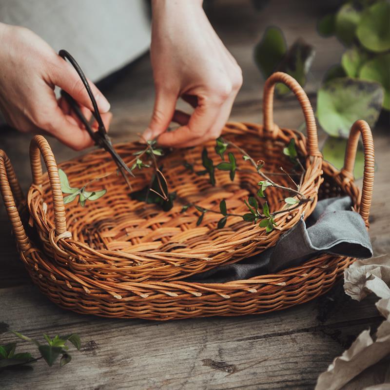 泽滕家手工藤编草编织水果野餐筐收纳托盘手提蔬菜姜葱蒜面包篮子