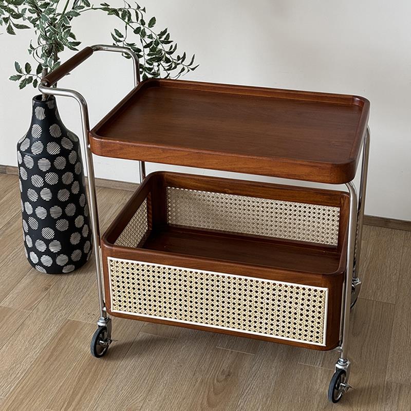 中古实木藤编可移动小推车沙发茶几置物架客厅收纳边几简约小餐车