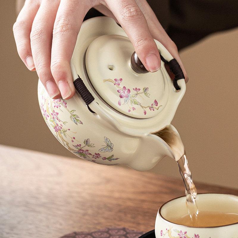 德化陶瓷桃枝浓粉冰裂釉茶水分离壶 手抓壶小清新风格一壶二杯家