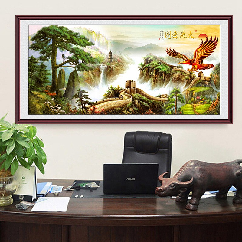 山水风景壁画黄山迎客松背景图国画客厅装饰画自粘墙纸墙布墙贴画