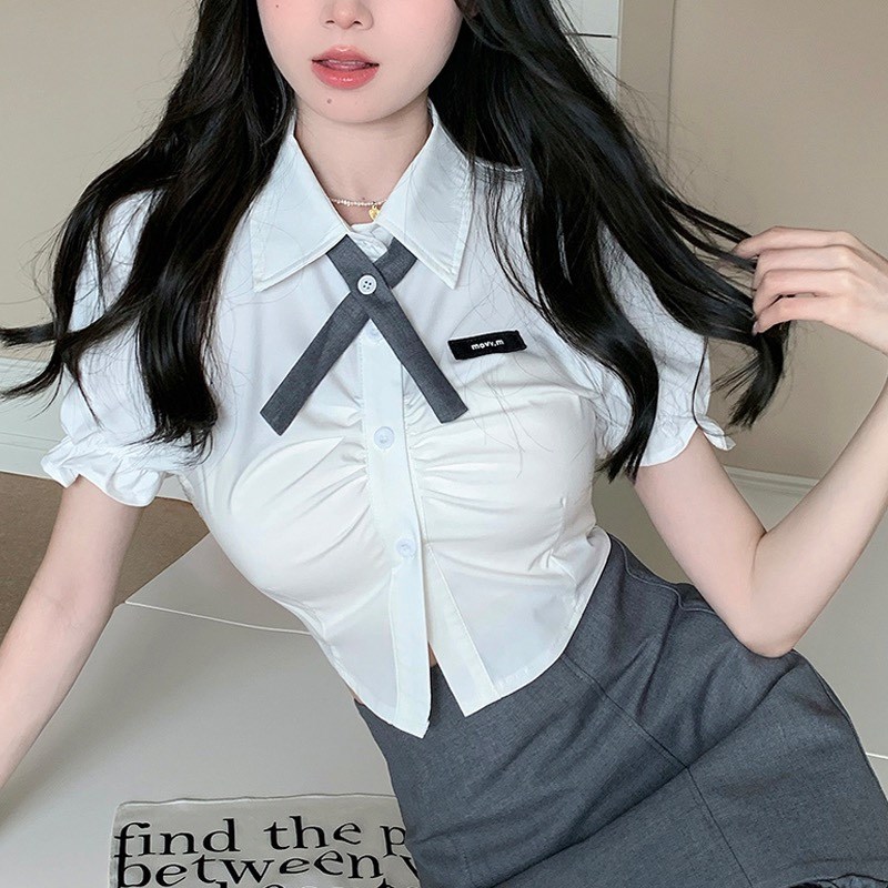 小众制服套装夏款褶皱收腰上衣白色别致泡泡短袖短款衬衫女送领结