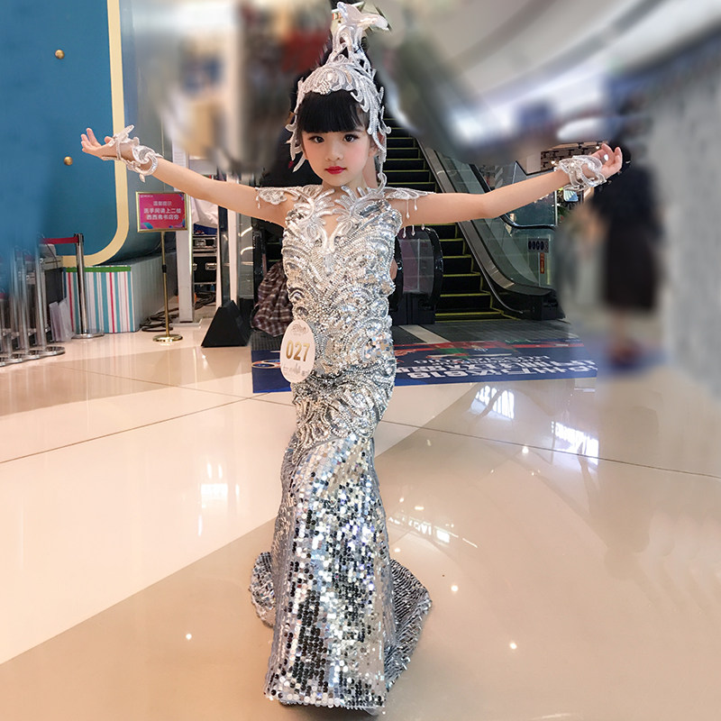 儿童走秀高贵礼服女童拖尾鱼尾晚礼服长裙小主持人模特演出服大童