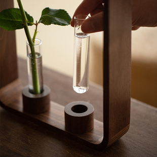 黑胡桃木玻璃试管花瓶日式家用小型水培植物容器实木迷你桌面摆件