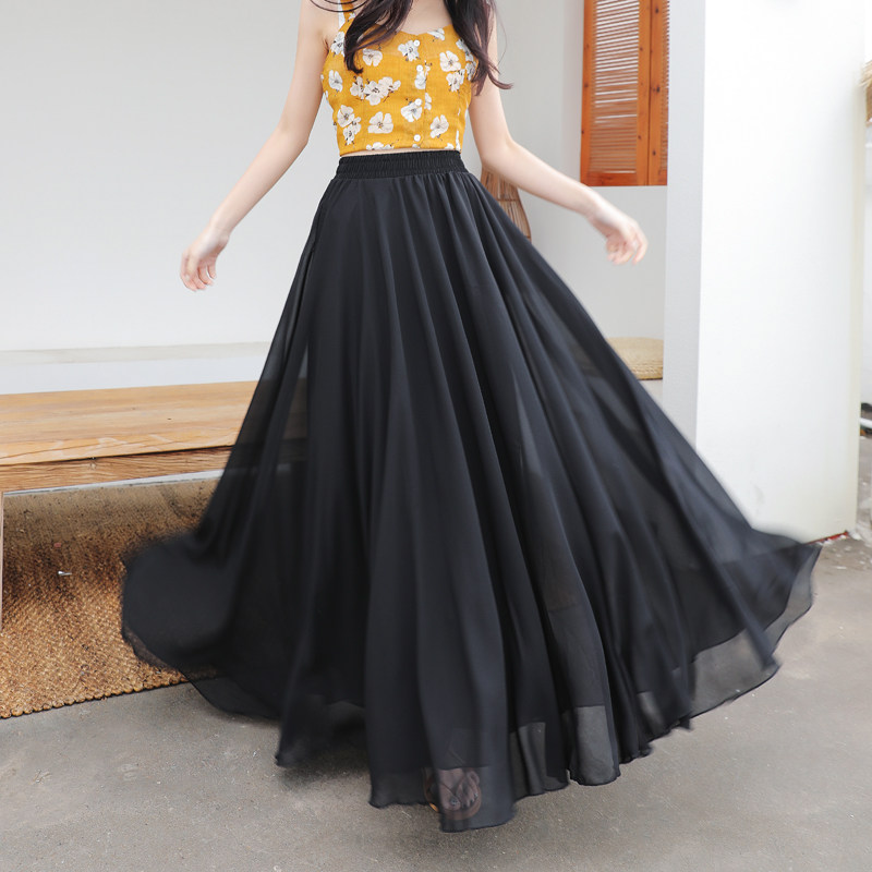 三层雪纺白色仙女裙大摆跳舞蹈长裙高腰垂感A字半身百褶沙滩裙夏