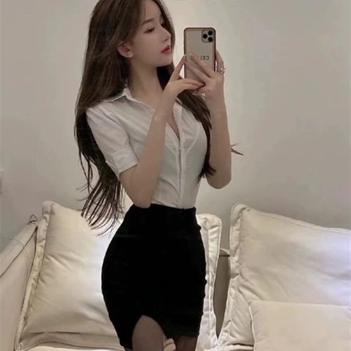 夏季ol制服套装工作服职业装气质女白衬衫包臀裙子酒店前台黑包裙