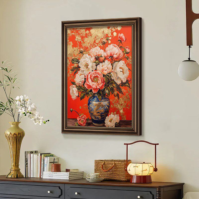 美式玄关装饰画玫瑰花复古油画欧式走廊过道挂画餐厅壁画高档大气
