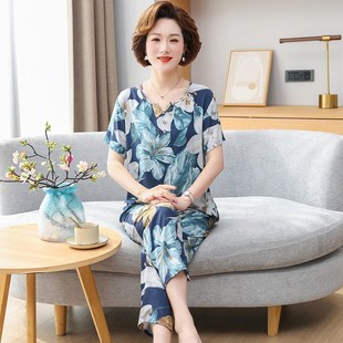 中老年妈妈夏装粘稠六十多岁60七十东方绸套装棉球老妈夏天睡衣服