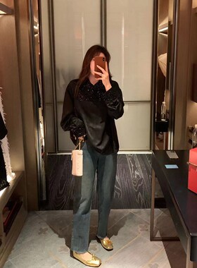 NAZ那子大码春季新款新中式国风缎面提花拼接女衬衣胖mm盘扣上衣