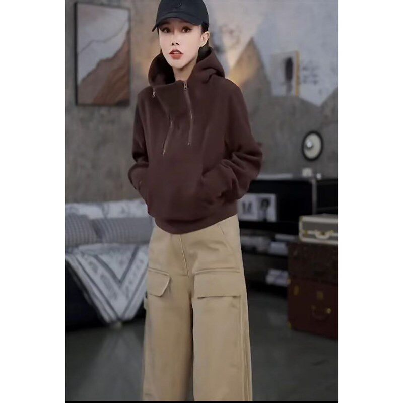 2024秋季新款时尚休闲套装女洋气连帽短款套头卫衣+工装裤两件套