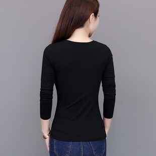 白色紧身t恤上衣春天显瘦小衫 纯棉黑色V领打底衫 春装 修身 女长袖
