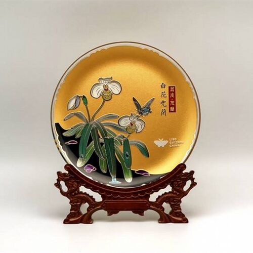 高档水晶玻璃赏盘挂盘白花兜兰旅游特色礼物家居电视柜店面摆件
