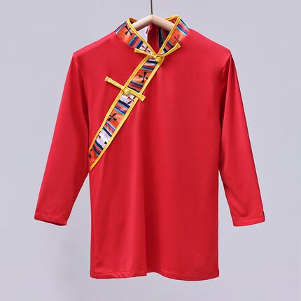 藏族舞蹈演出服装新款上衣中袖修身女款藏舞舞蹈服上衣藏式练功服