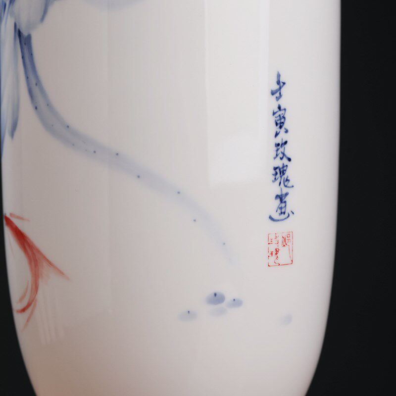 东方泥土《荷语插花瓶》新中式手绘釉下彩青花居家客厅博古架装饰