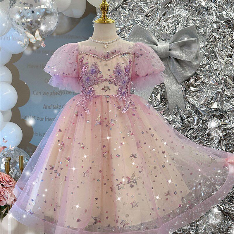 高端女童连衣裙夏季新款洋气女孩公主裙儿童生日主持人演出礼服裙