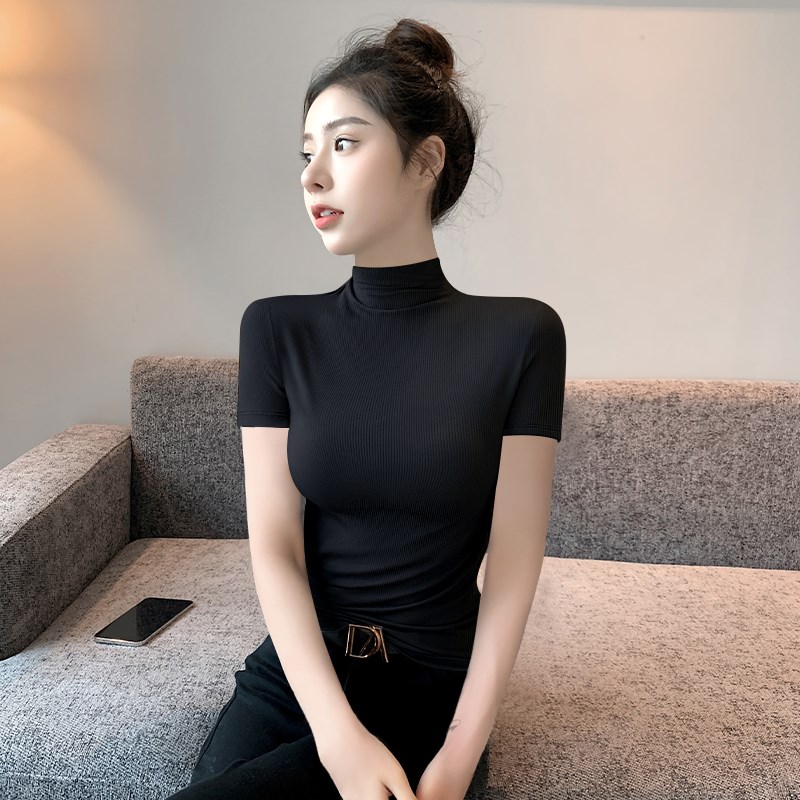 半高领短袖t恤女夏季薄款修身绿色上衣洋气新款中领针织打底衫潮