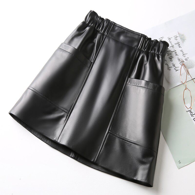 bm胖MM黑色皮裙女2021年秋冬新款松紧高腰宽松遮胯A字短裙半身裙