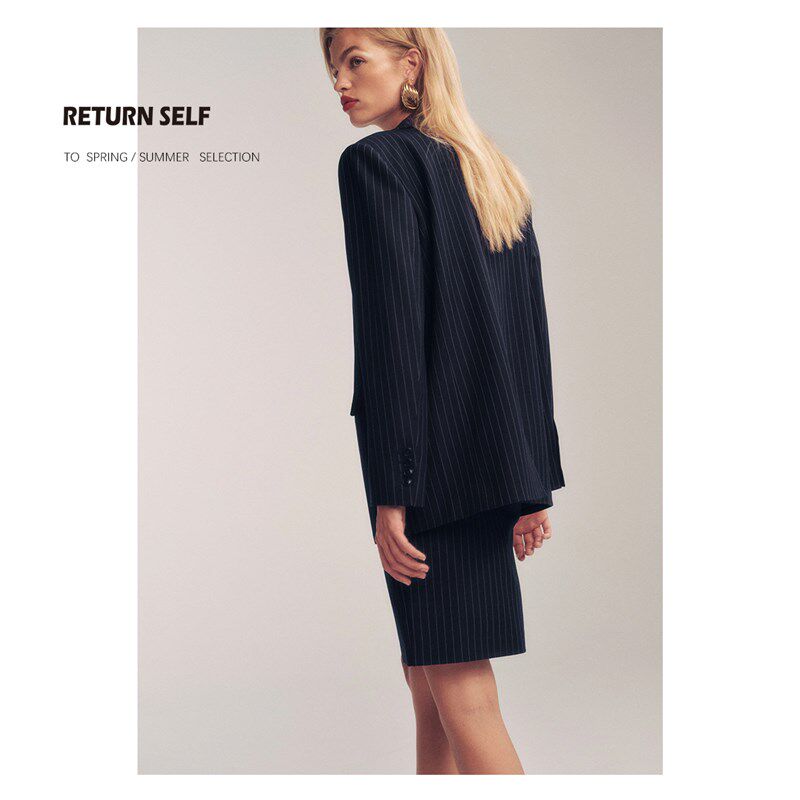 归己reformation羊毛混纺休闲条纹西装半裙套装外套女士