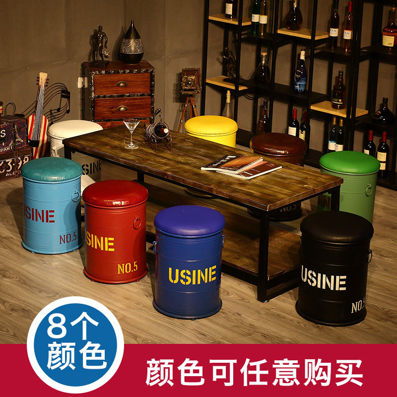 loft复古铁艺铁皮凳子美式油桶凳吧椅圆凳储物凳咖啡酒吧创意摆件