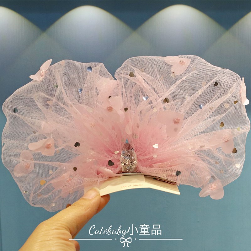 粉色蕾丝星星大号立体蝴蝶结儿童顶夹甜美小女孩表演头饰公主发卡