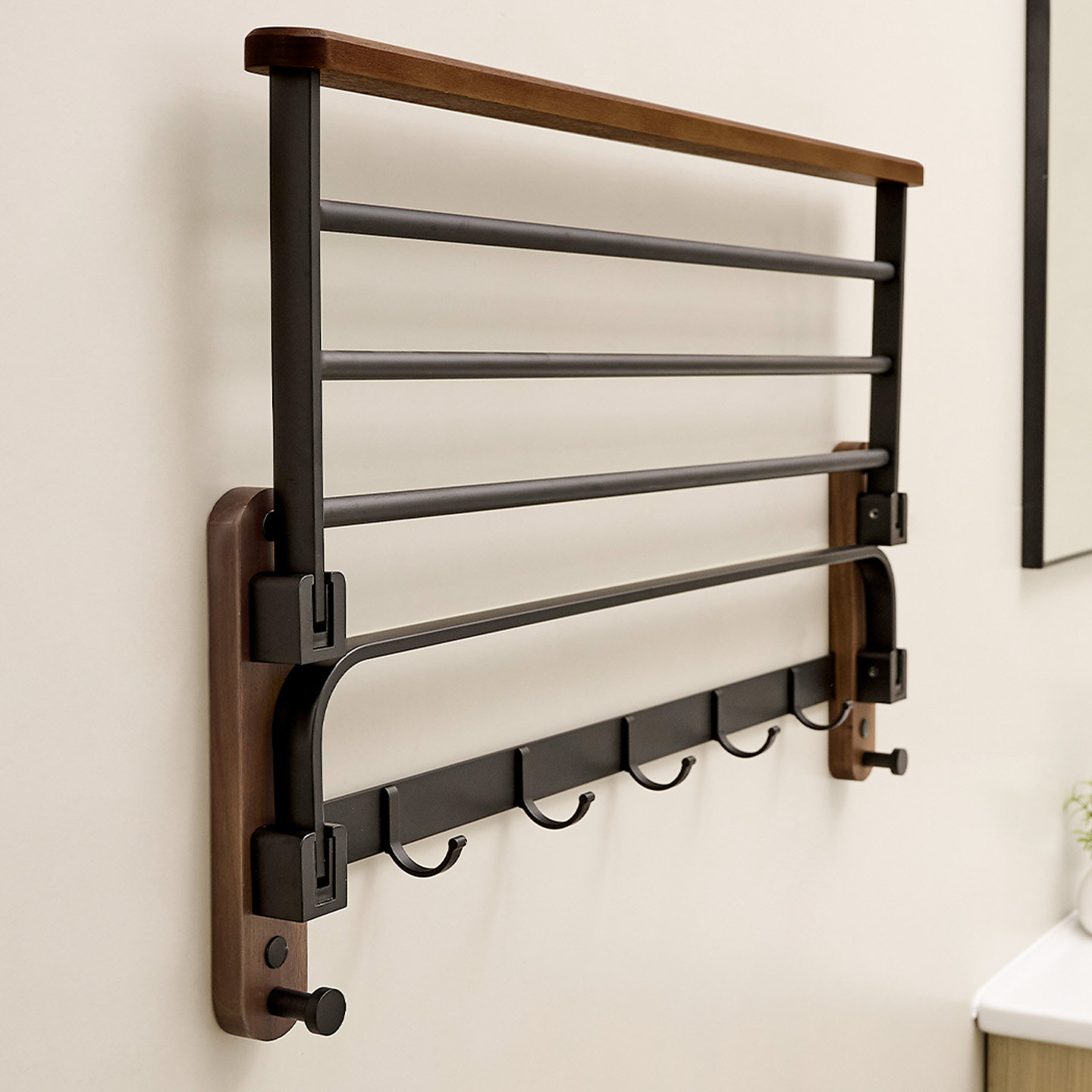 胡桃木免打孔实木浴巾架