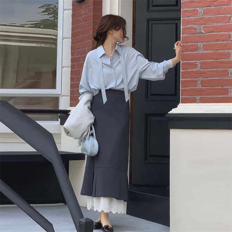 法式休闲气质感套装裙女宽松衬衫