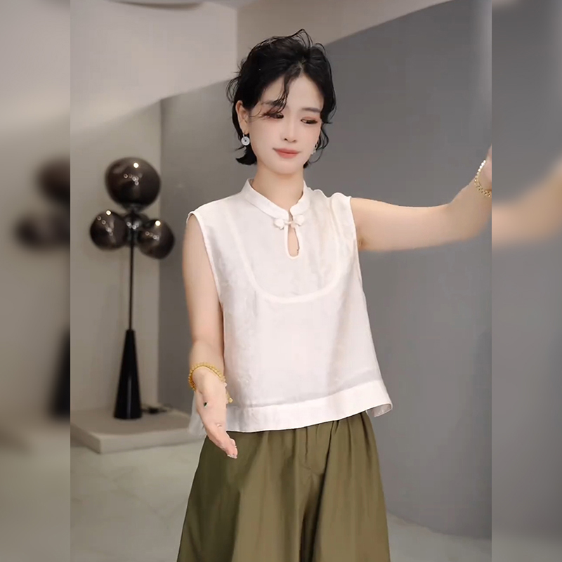 新中式国风盘扣立领无袖衬衫女新款夏季宽松显瘦短款复古气质上衣