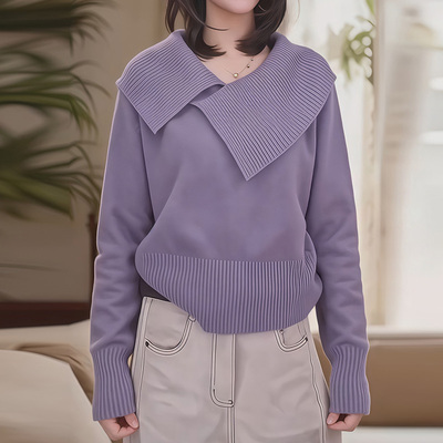 韩版设计感大翻领毛衣针织衫女2026春冬新款宽松显瘦百搭减龄上衣