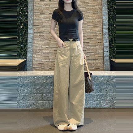 欧洲站洋气休闲直筒阔腿裤子搭配修身显瘦短袖打底衫T恤两件套装