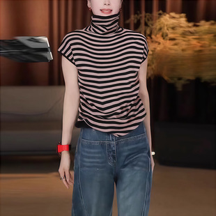 洋气显瘦高领黑白条纹短袖T恤女款夏季独特绝美小飞袖上衣