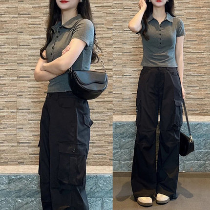 半开POLO领修身短袖打底T恤上衣高腰直筒工装休闲裤两件套装女夏