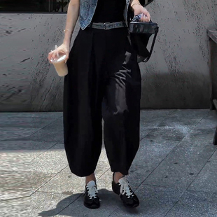 百搭寬松顯瘦工裝 歐貨高腰闊腿休閑鐮刀褲 新款 九分彎刀褲 女夏季 子