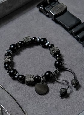 跨境新款熔岩方块火山石编织手链哑光黑玻璃珠子可调节手环手串