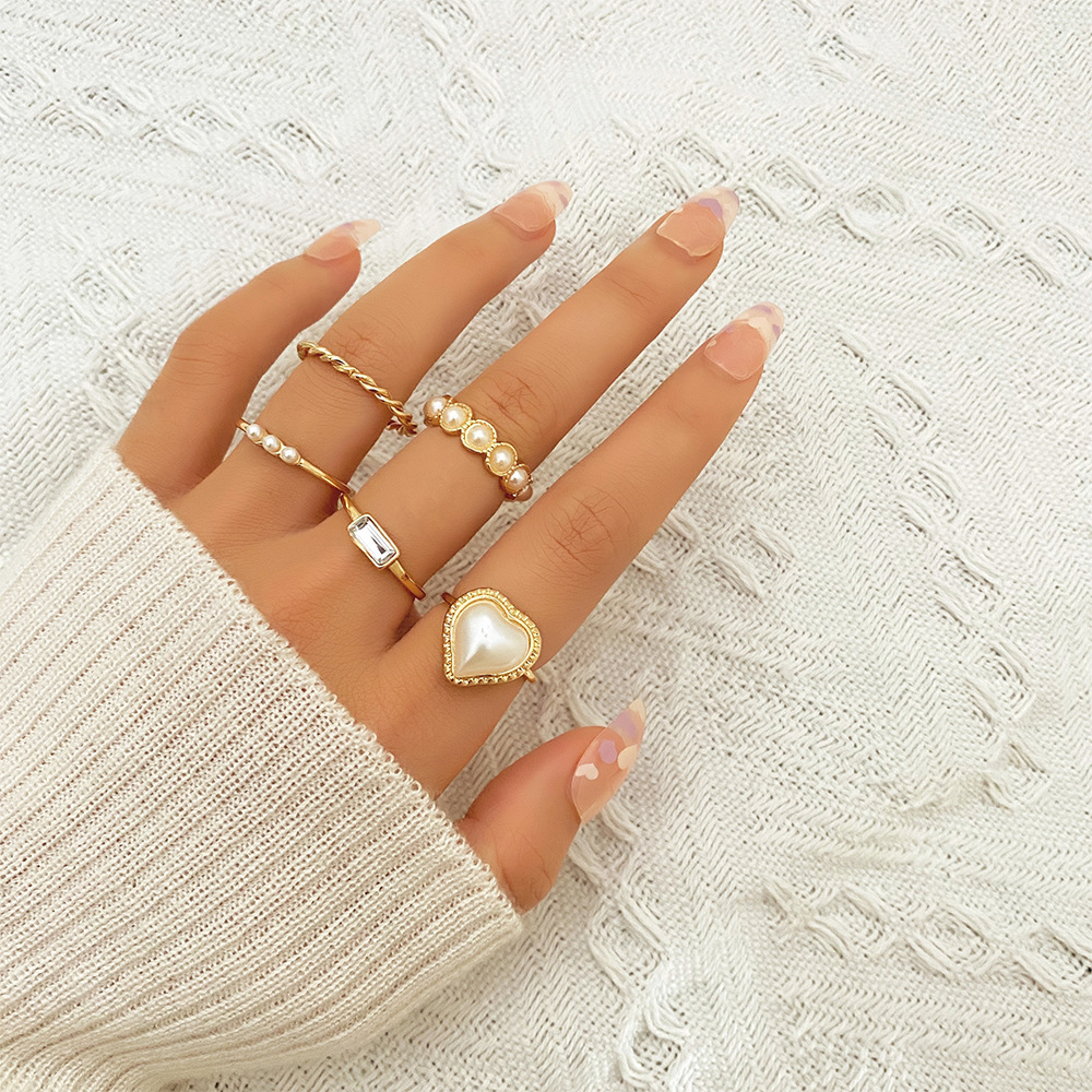 慕尚速卖通热卖爱心形珍珠石戒指5件套 麻花素圈潮流街拍指环女