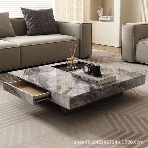设计师现代简约意式极简小户型别墅客厅家用正方形带抽屉岩板茶几