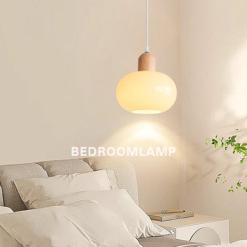 现代简约原木小吊灯餐桌吧台灯民宿房间床头奶油风实木玻璃吊线灯
