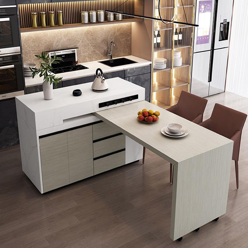 岩板中岛台餐桌一体旋转伸缩小户型开放式厨房简约餐桌多功能岛台