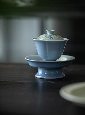 61K3暮山紫色手绘菊花高足盖碗壶承陶瓷仿宋泡茶碗茶点盘两才人文