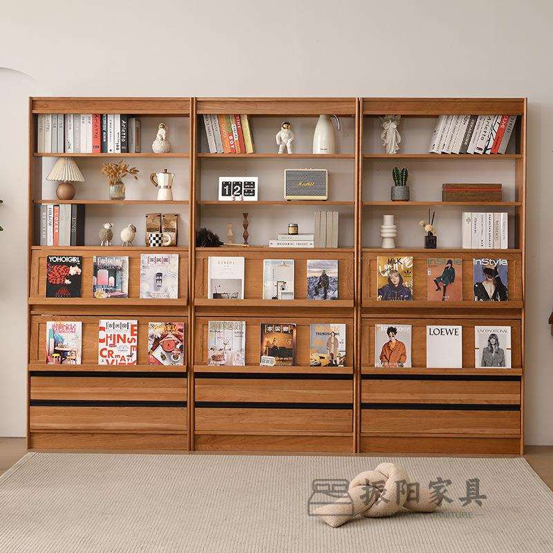 北欧樱桃木实木书柜多功能收纳书架客厅落地整墙组合柜展示柜储物