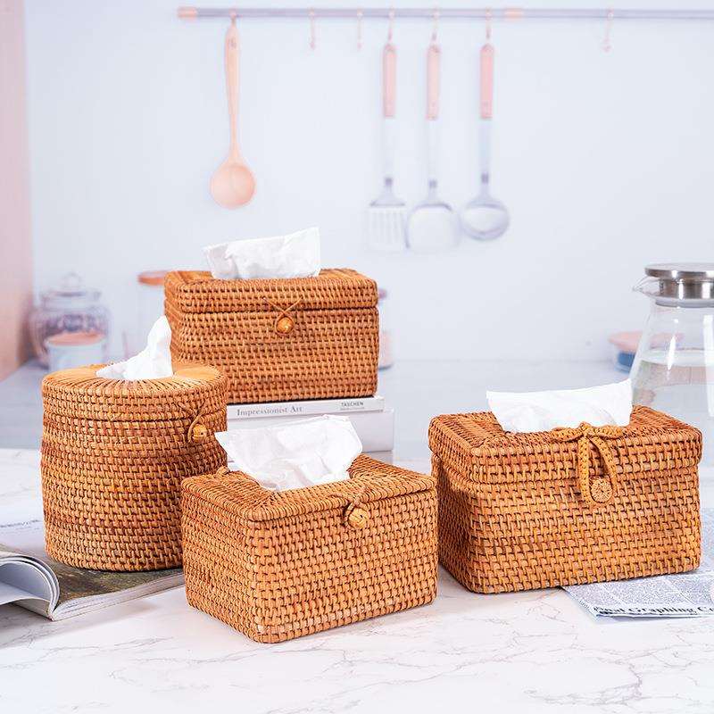 秋藤纯手工编抽纸盒子客厅茶几桌面纸巾收纳盒抽纸筒