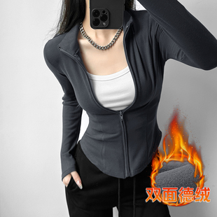 2026春季新款收腰显瘦加厚外套女款开衫短款修身休闲T恤打底上衣