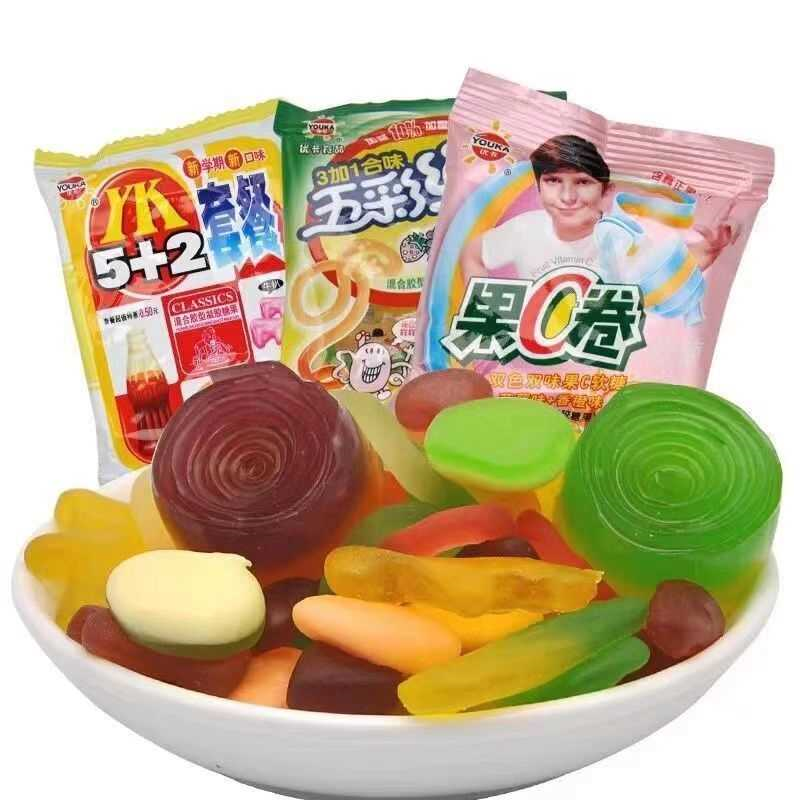 五彩绳5+2套餐橡皮糖汁软糖果c卷水果味糖果8090后怀旧童年零食品