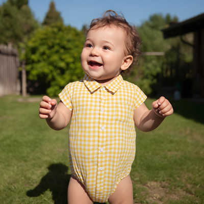 夏季婴儿连体哈衣格子新生儿爬服绅士纯棉短袖衬衣包屁衣ins风