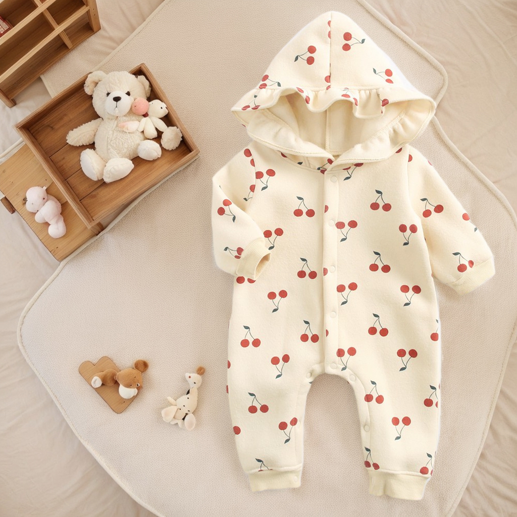 秋冬女婴连体衣樱桃印花抓绒加厚新生儿宝宝爬服哈衣婴儿衣服